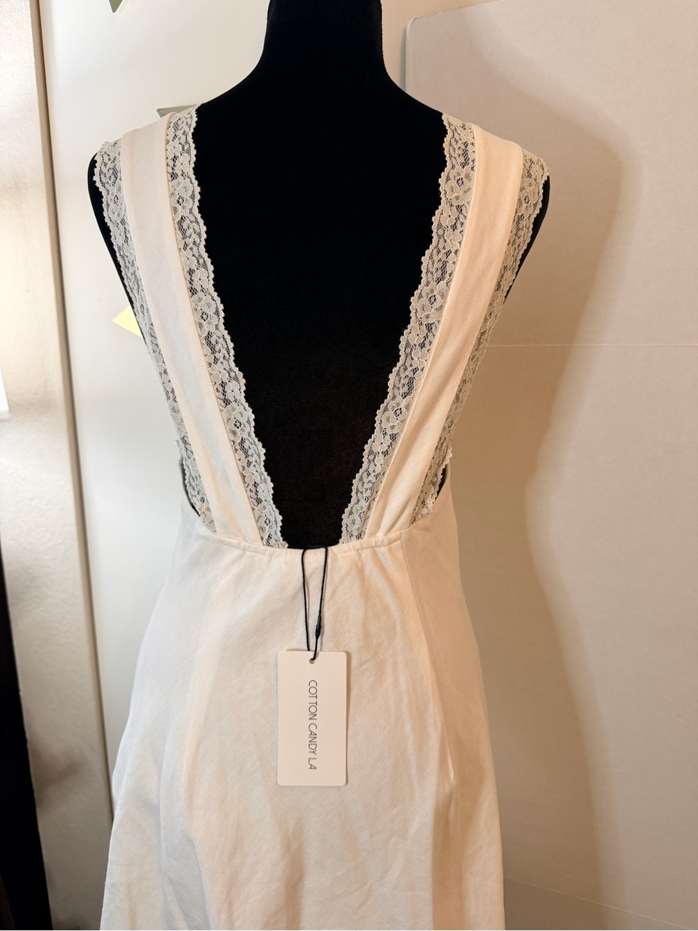 Cotton-Linen Cottage-Core White Lace Double Lined Trim Tie Front Mini Dress M - Picture 13 of 13
